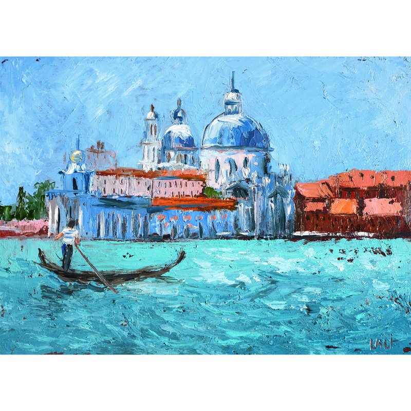 Venice Original Oil Painting Seascape Landscape Lovely Day in Italy 15x20cm - Posters - Other Materials Blue