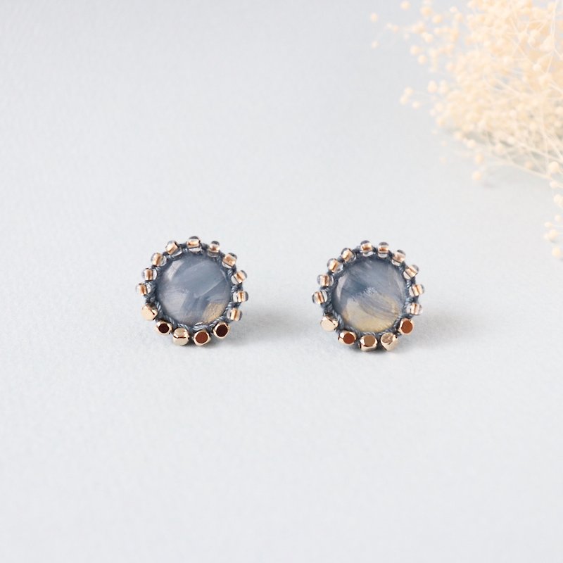 Yarn and bead art earrings  Ash Blue - Earrings & Clip-ons - Cotton & Hemp Blue