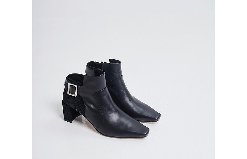 Leather small square head hex thick heel boots black - รองเท้าบูทสั้นผู้หญิง - หนังแท้ สีดำ