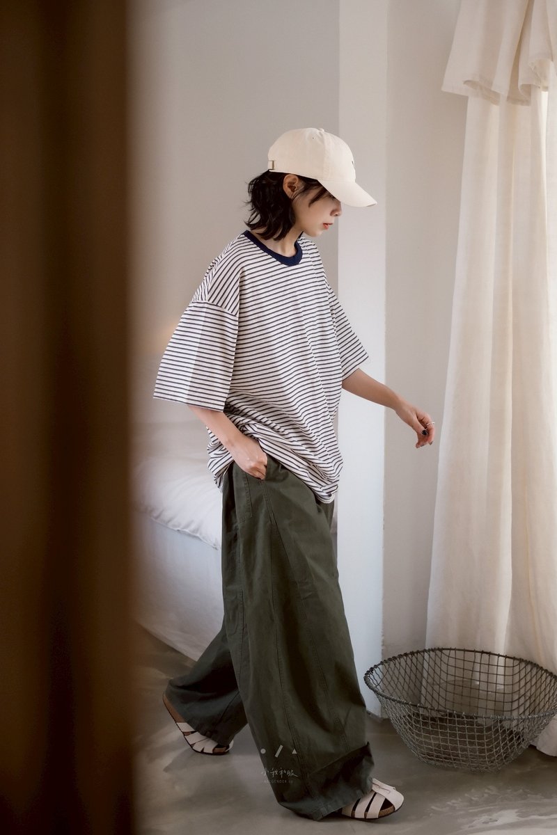 田村家雜糧細條紋寬鬆TEE - 2色 - 雜糧藍 - 女 T 恤 - 棉．麻 藍色