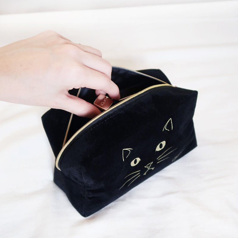 クリスマス交換贈り物猫シリーズ - テクスチャフランネルホットゴールドキャットコスメティックバッグ/黒猫