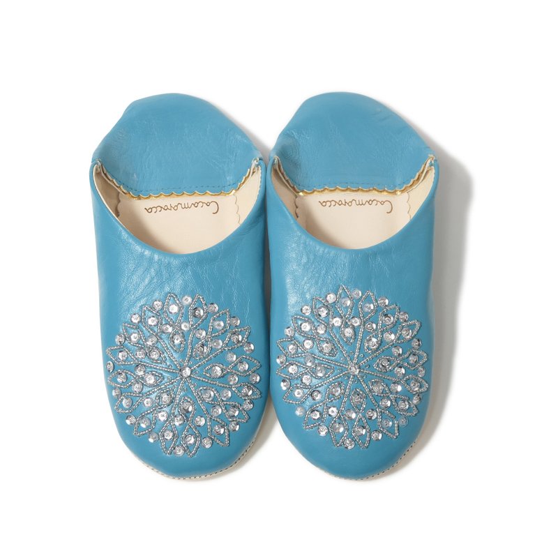 Blue / silver / moroccan Leather babouche Slippers / High quality odourless - รองเท้าแตะในบ้าน - หนังแท้ สีน้ำเงิน