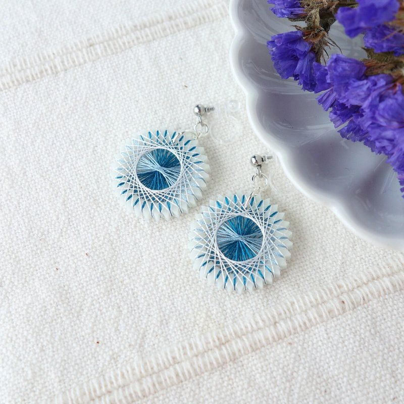 Snow flower earrings / silk / blue / white / shipping free - Earrings & Clip-ons - Silk Blue