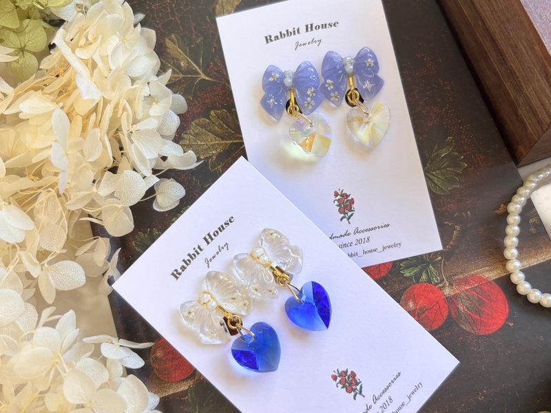 蝴蝶結愛心耳環 - 耳環/耳夾/耳骨夾 - 其他材質 