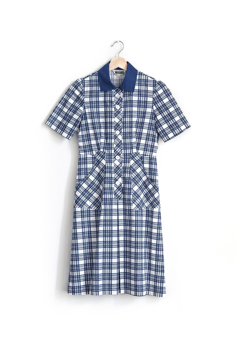 Vintage Blue and White Plaid Cotton Vintage Short Sleeve Dress