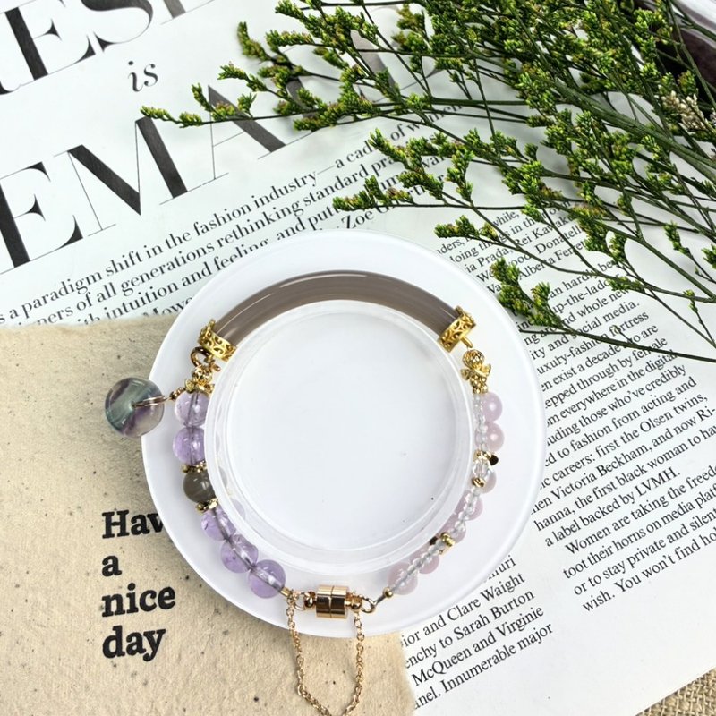 Original Design: Purple Moon Serenity Half-Bangle Crystal Bracelet with Kunzite, Ametrine, Amethyst, and Moonstone. - สร้อยข้อมือ - คริสตัล สีม่วง