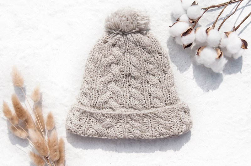 手編みの純粋なウールの帽子/ニット帽/ニットの毛皮の帽子/インナーブラシ毛 - 帽子 - ウール グレー