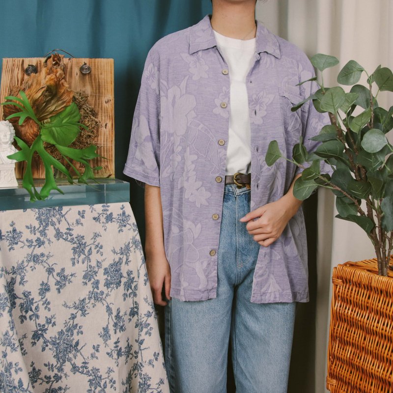Tsubasa.Y│夏威夷衫B17 淺紫色 花襯衫 印花 夏季 上衣 - 女襯衫 - 絲．絹 紫色