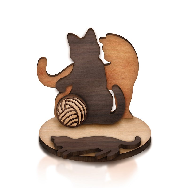 Three Kittens Mobile Phone/Tablet Holder/Business Card Holder - ที่ตั้งมือถือ - ไม้ สีนำ้ตาล