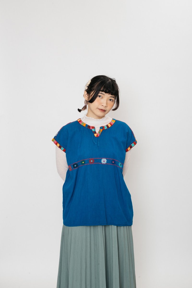 メキシカン刺繍トップス.メキシカンブラウス【初恋店】Vintage.A1076 - トップス - コットン・麻 ブルー