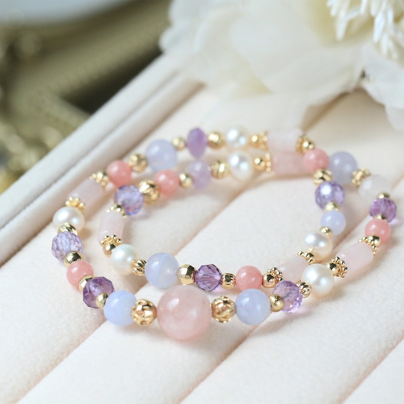 Danube waltz. Rose Stone Rhodochrosite Amethyst Love Good Karma Double Ring Crystal Bracelet - Bracelets - Gemstone Pink
