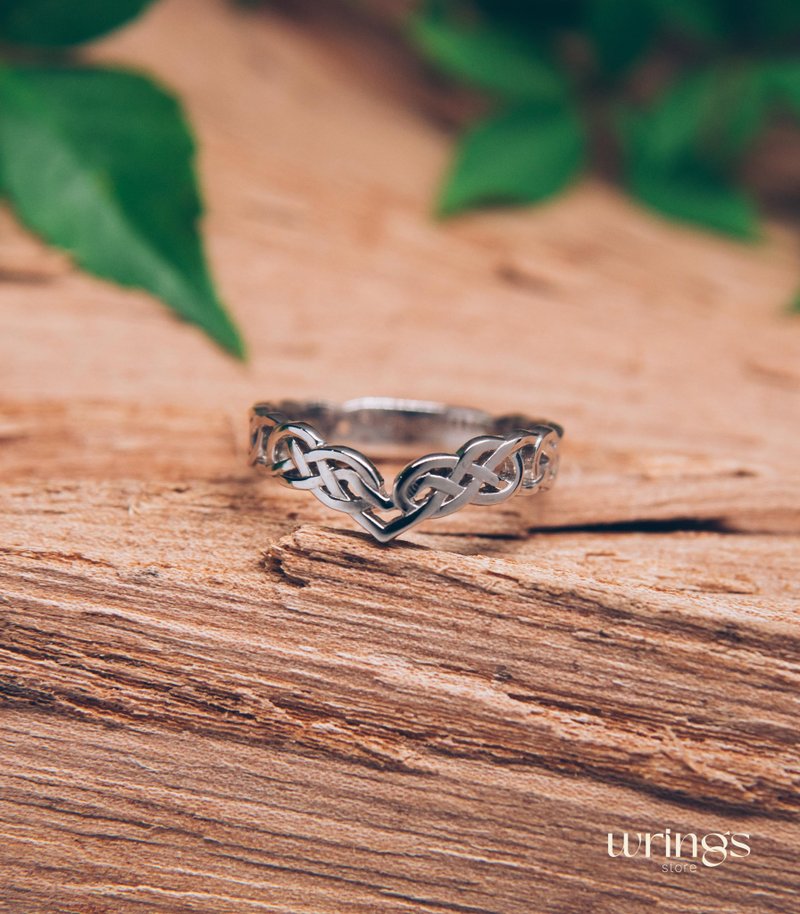 凱爾特結V形婚戒 銀質無限符號V型戒指 編織圖案 - 戒指 - 銀 