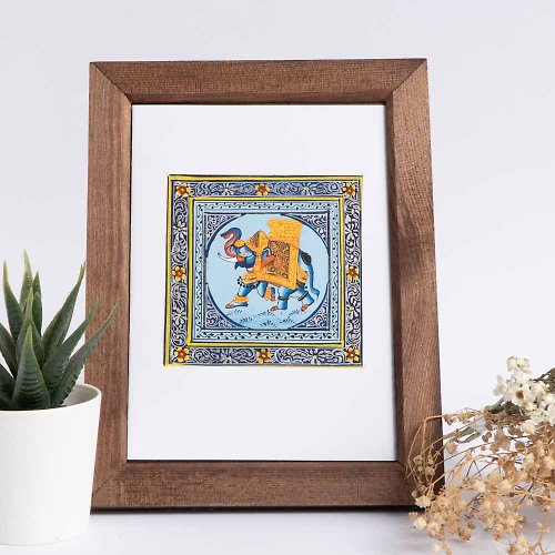 Tramper 印度手繪絲綢畫 藍底 － 大象