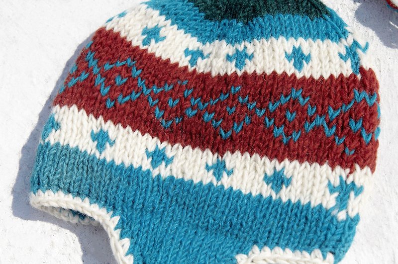 Christmas gifts limited edition gift a handmade knitted wool hat / handmade wool cap / knitted wool cap / flying cap / wool cap - South American wind blue sky national totem - หมวก - ขนแกะ หลากหลายสี