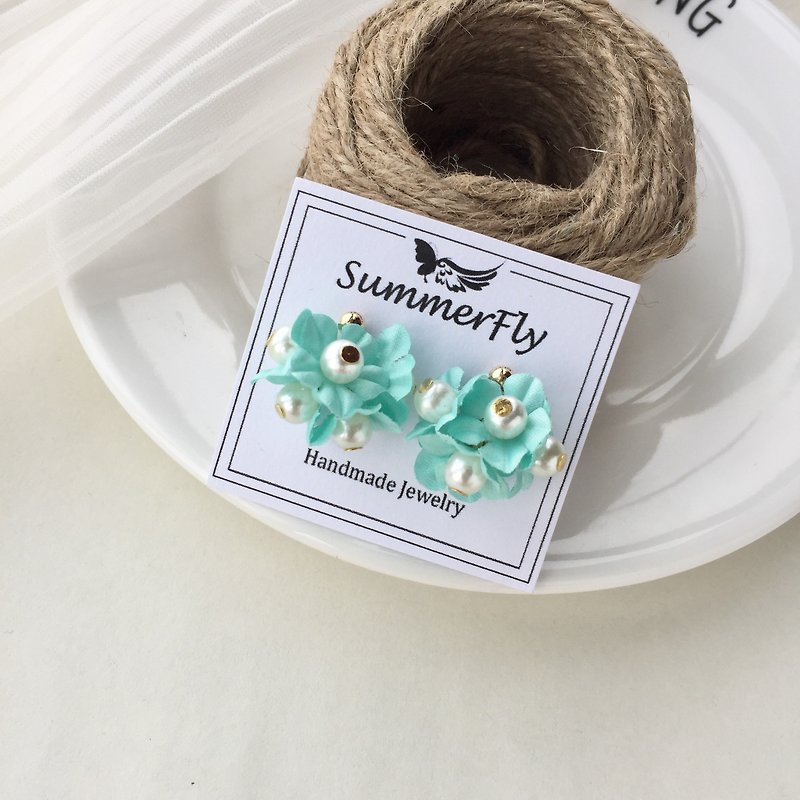 [❤️ any two 10%! ] Can change the ear clip-on! ❤️ handmade flower - satin three-dimensional pressure Zou flower ball earrings ladies ❤️ / Tiffany blue wedding bride flower flowers pearl earrings - Earrings & Clip-ons - Plants & Flowers Green