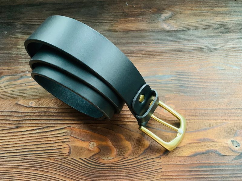 Pure copper single buckle vegetable tanned vintage belt - เข็มขัด - หนังแท้ สีดำ