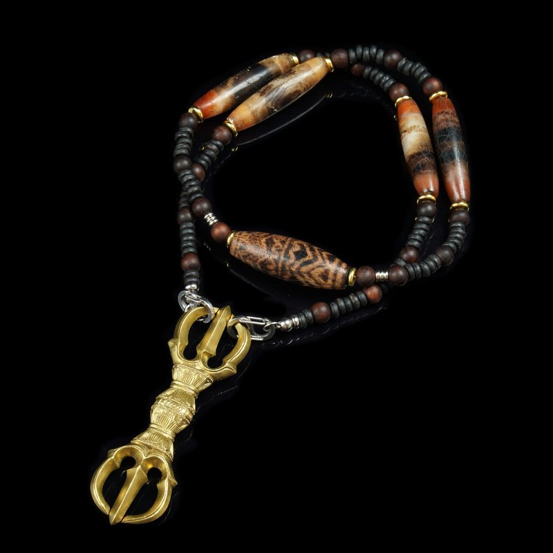 日本19世紀東密法器-三鈷杵.緬甸邦提克木珠.西亞線珠鍊 - 長頸鍊 - 其他材質 