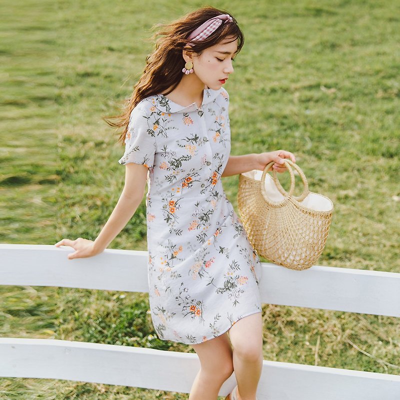 Anne Chen 2018 summer new style art women's waist print short-sleeved dress dress - ชุดเดรส - ไฟเบอร์อื่นๆ สีเทา