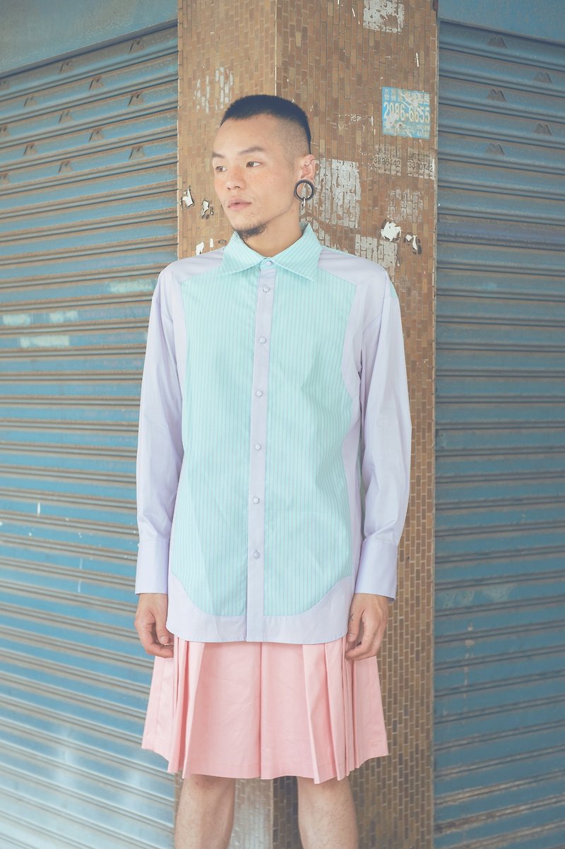 Pink and purple striped splicing shirt (191T01G) - เสื้อเชิ้ตผู้ชาย - ผ้าฝ้าย/ผ้าลินิน สีม่วง