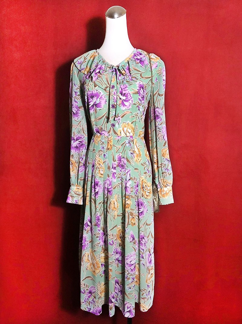 Romantic ruffled chiffon long-sleeved vintage dress / bring back VINTAGE abroad - ชุดเดรส - เส้นใยสังเคราะห์ สีเขียว
