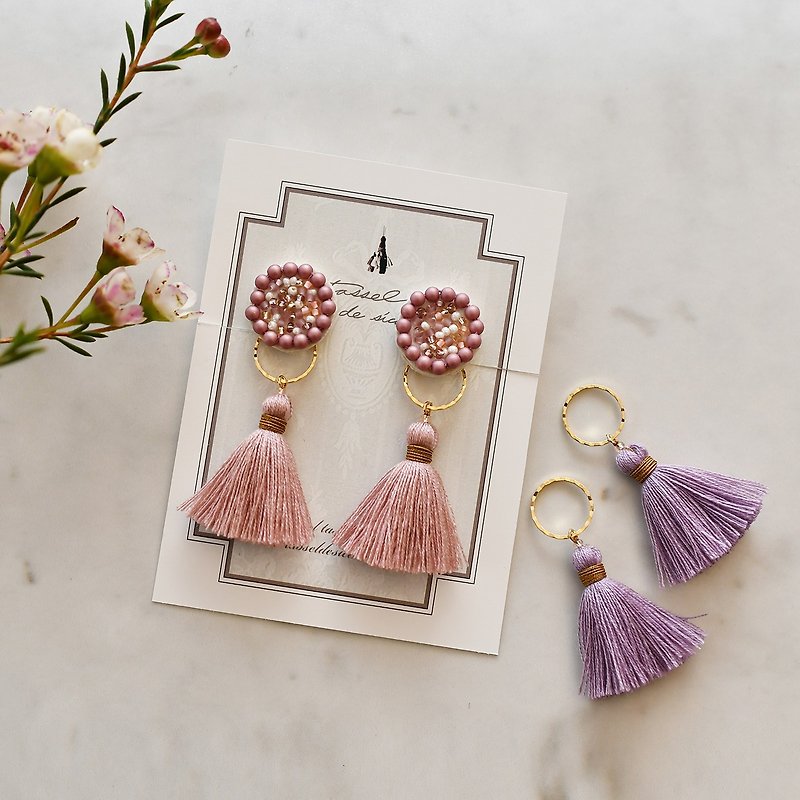 3way tassel earrings/Beads pink - ต่างหู - งานปัก สึชมพู