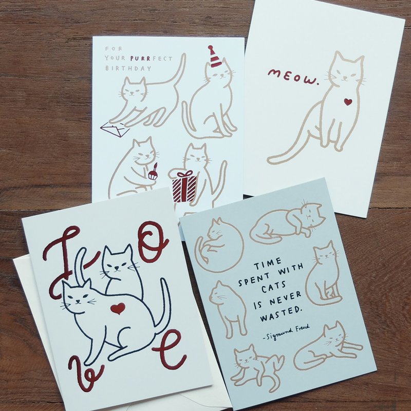 Set of 4 Greeting Cards for Cat Lovers - 卡片/明信片 - 紙 金色