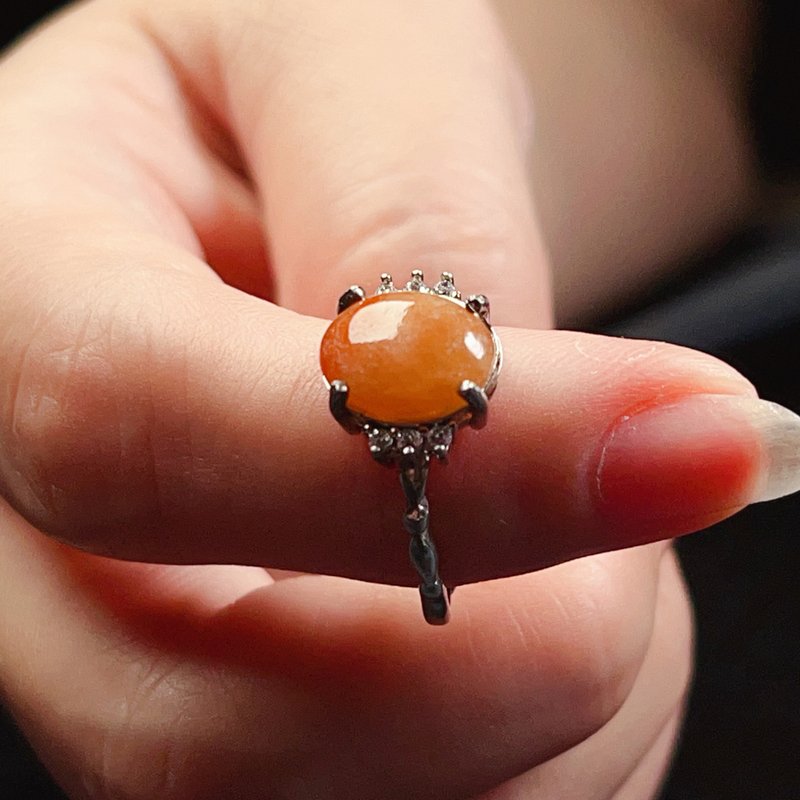 紅翡翡翠蛋面戒指 925純銀 | 天然緬甸玉A貨翡翠 | 送禮 - 戒指 - 玉石 橘色