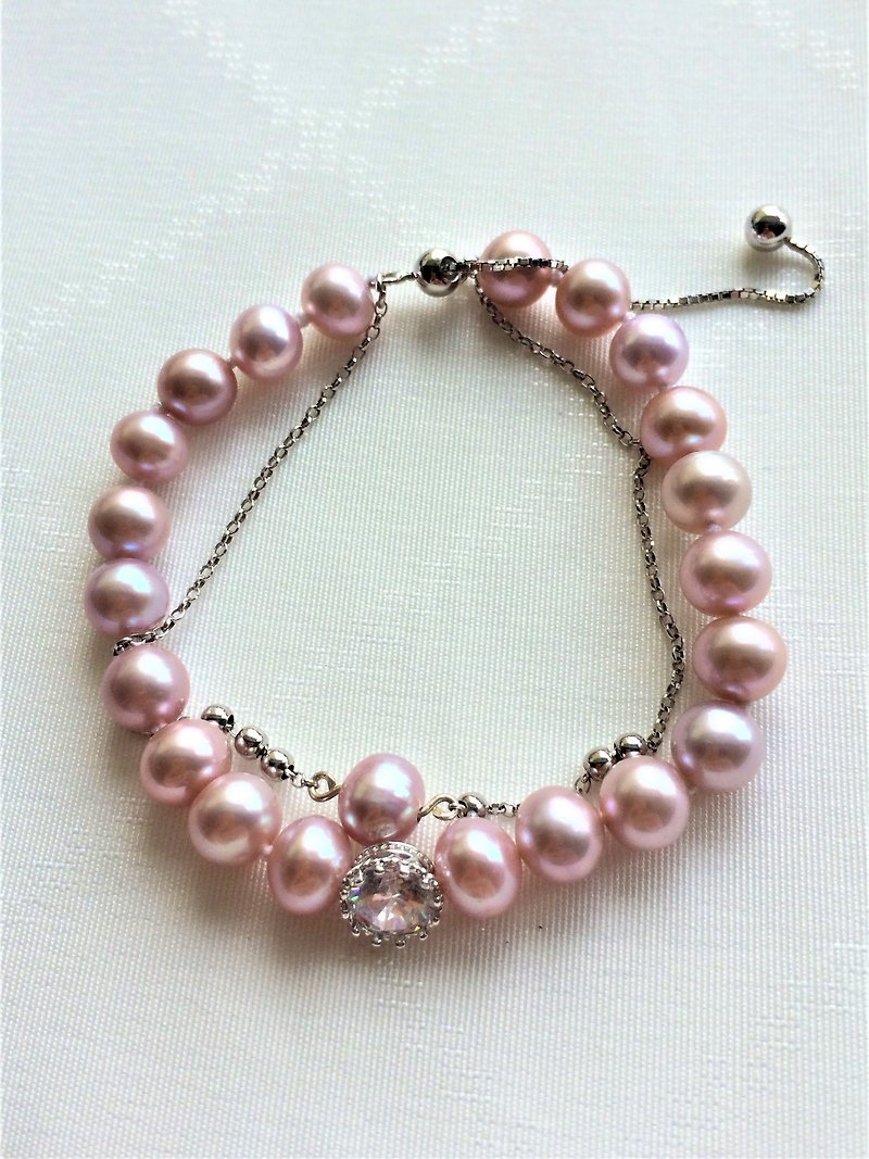 100%自家設計925純銀粉紅色淡水珍珠手鏈 - 手鍊/手鐲 - 珍珠 粉紅色