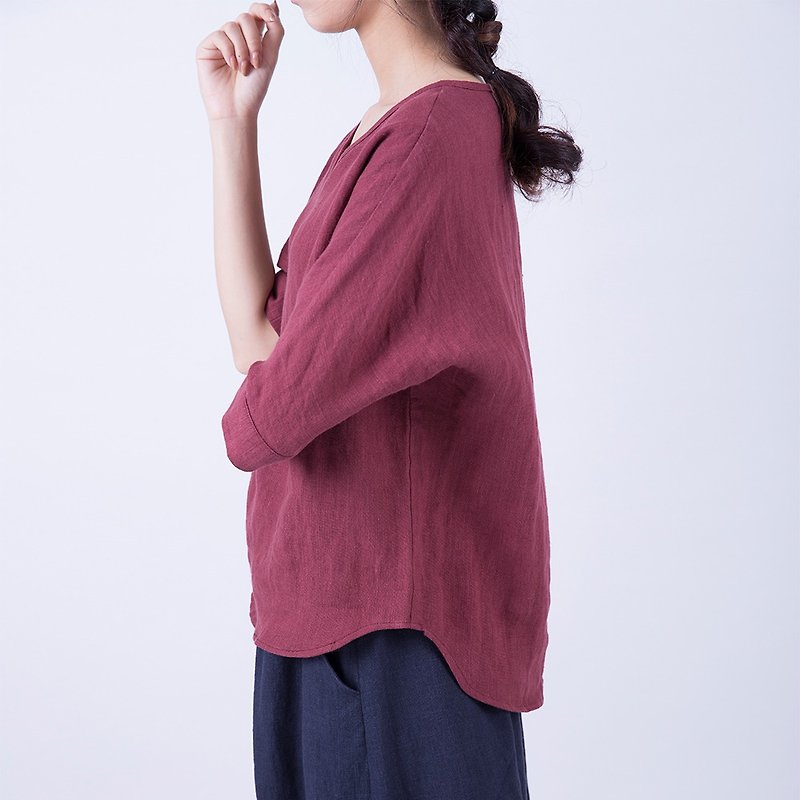 Ancient red sand-washed pure linen half-sleeved shirt