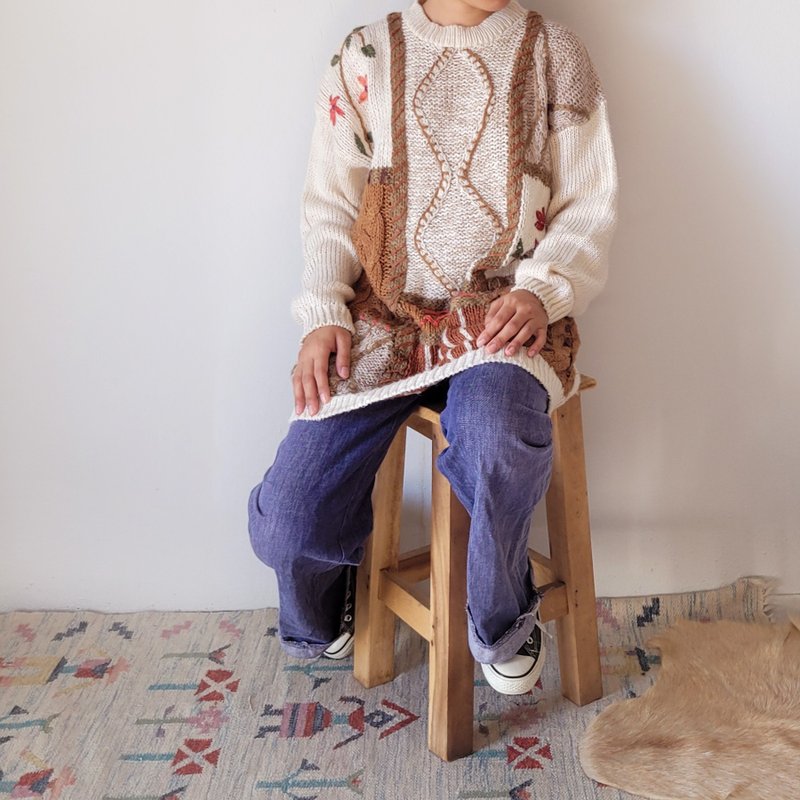 BajuTua / ヴィンテージ / カントリースタイルの立体織りの快適な手編みのセーター - ニット・セーター - コットン・麻 カーキ