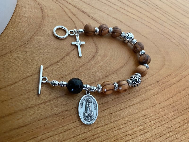 Israel olive wood with natural black agate and Fatima holy bracelet (10mm) - สร้อยข้อมือ - ไม้ หลากหลายสี