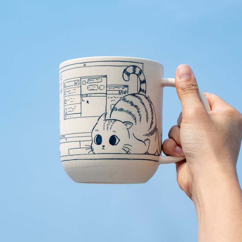 Cute Cat Coffee Mug Leisurely Cat 17oz Handmade Cat Mug Pottery Mug Cat Mug Gift - 咖啡杯/馬克杯 - 陶 金色