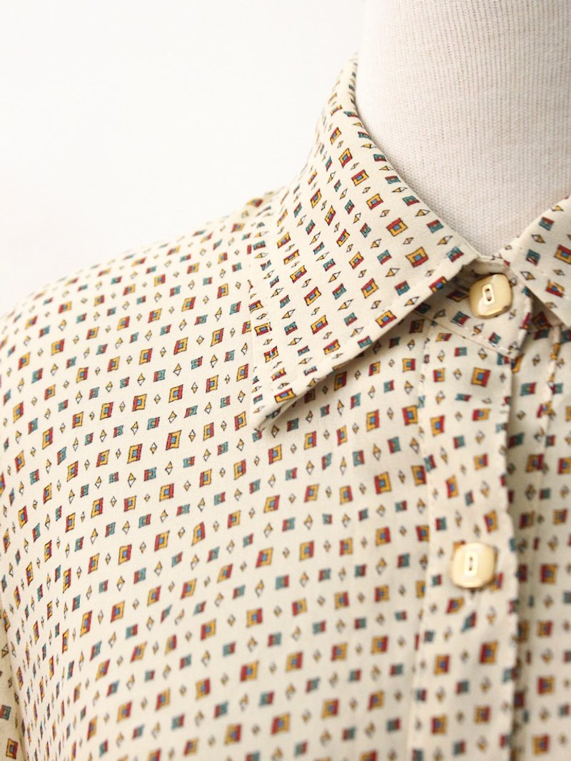復古日本製卡其色幾何圖形薄古著襯衫 Japanese Vintage Blouse - 恤衫 - 聚酯纖維 黃色