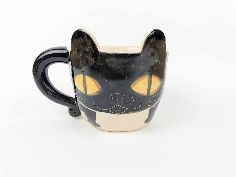 Nice Little Clay handmade ear mug size black cat 0104-09 - Teapots & Teacups - Pottery Multicolor