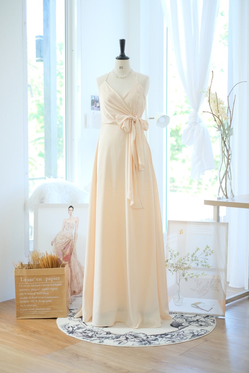 Champagne satin bridesmaid dress long party prom cocktail wedding maxi dress - One Piece Dresses - Polyester White