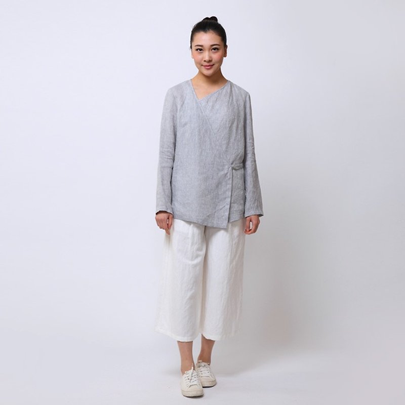 BUFU  linen zen-style  tea ceremony shirt  pink/ light grey  O151208 - เสื้อเชิ้ตผู้หญิง - ผ้าฝ้าย/ผ้าลินิน สึชมพู