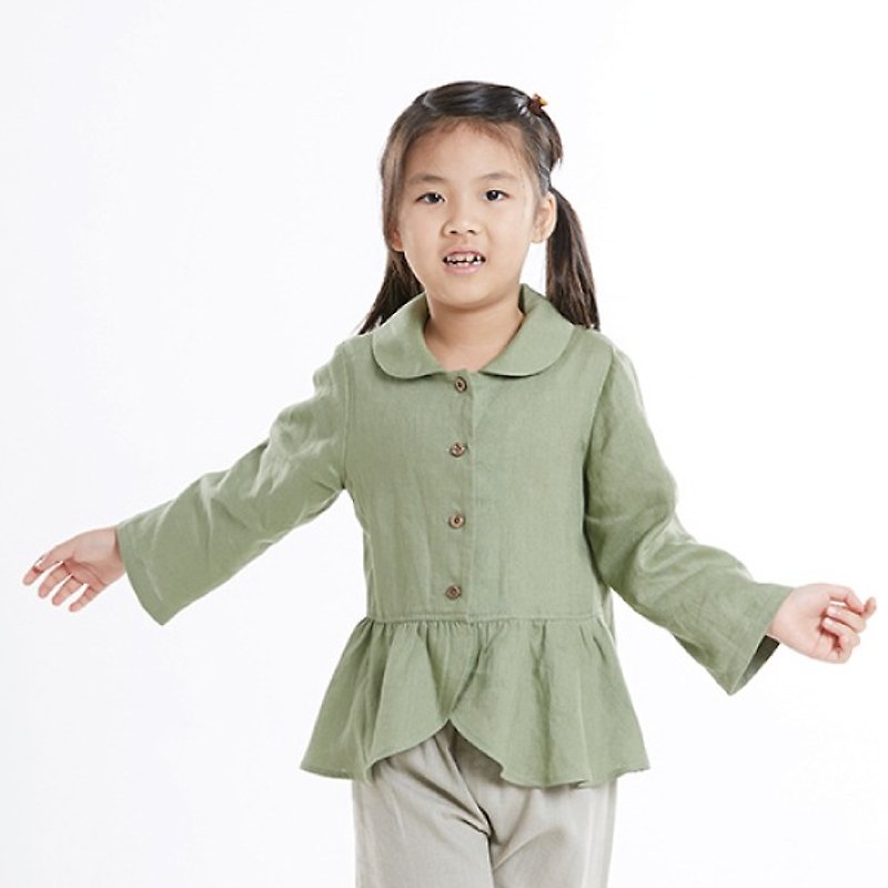 M0187 圓領荷葉邊女童長袖外套-灰綠色 - 其他 - 棉．麻 綠色