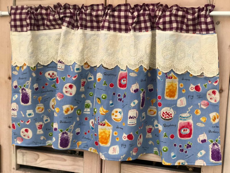 歐蕾塔手做**紫格牛仔藍底棉麻氣泡飲手作短簾 - 門簾/門牌 - 棉．麻 藍色