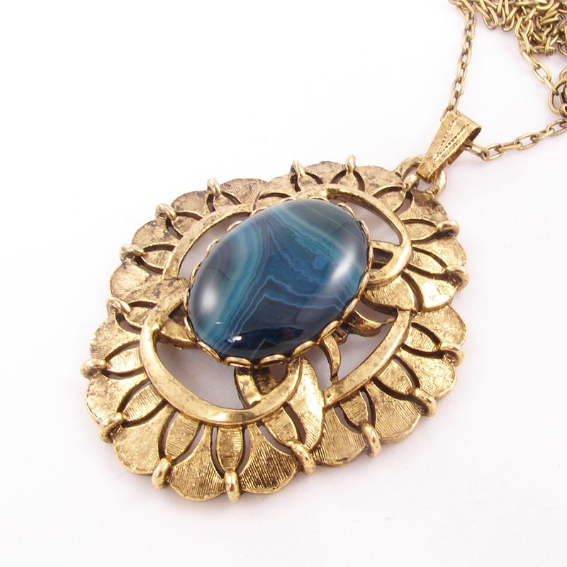 Turkish Blue Agate Stone Necklace Gemstone Large Golden Pendant Necklace Jewelry - 項鍊 - 半寶石 藍色