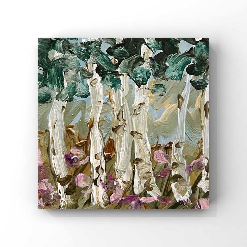Birch Trees And Wildflowers Mini Original Oil Painting Abstract Landscape Art - 海報/掛畫/掛布 - 其他材質 多色