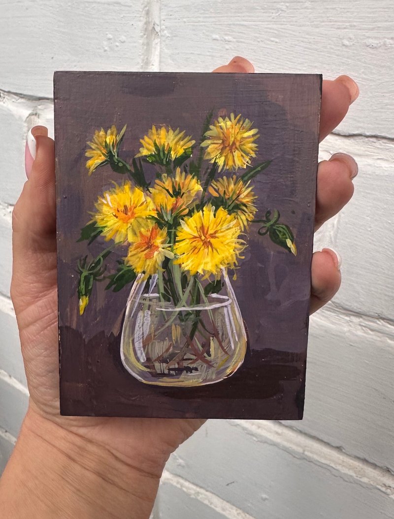 Mini Dandelion Painting on Plywood - 壁貼/牆壁裝飾 - 其他材質 