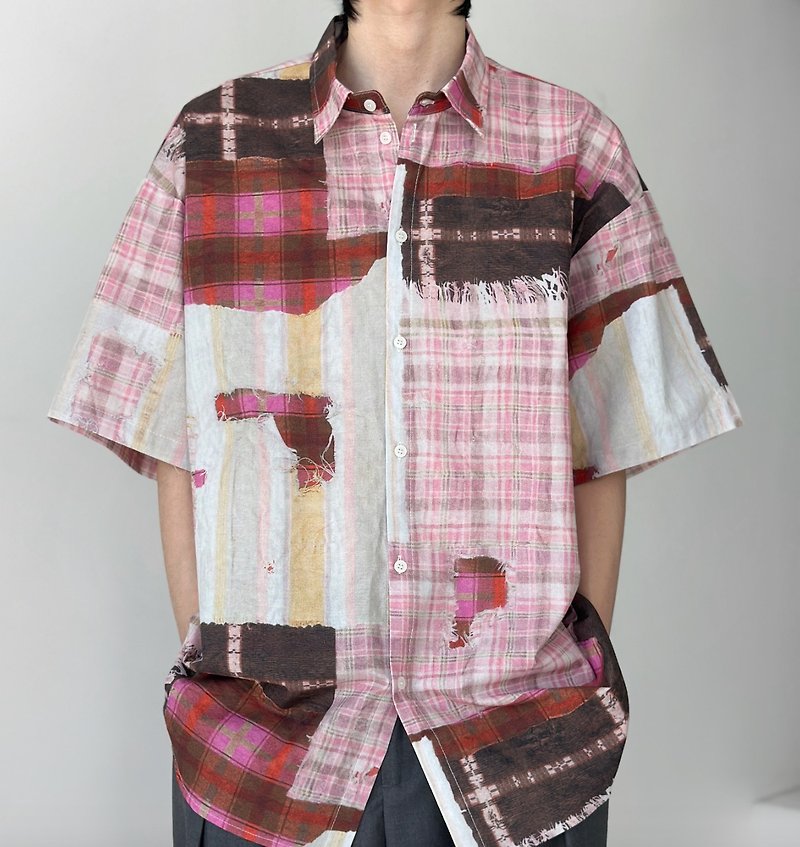 Retro Artistic Contrast Color Short Sleeve Shirt - Men's Shirts - Other Materials Pink