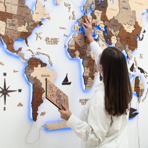 3D Wooden World Map, Multilayered Travel Map with States and