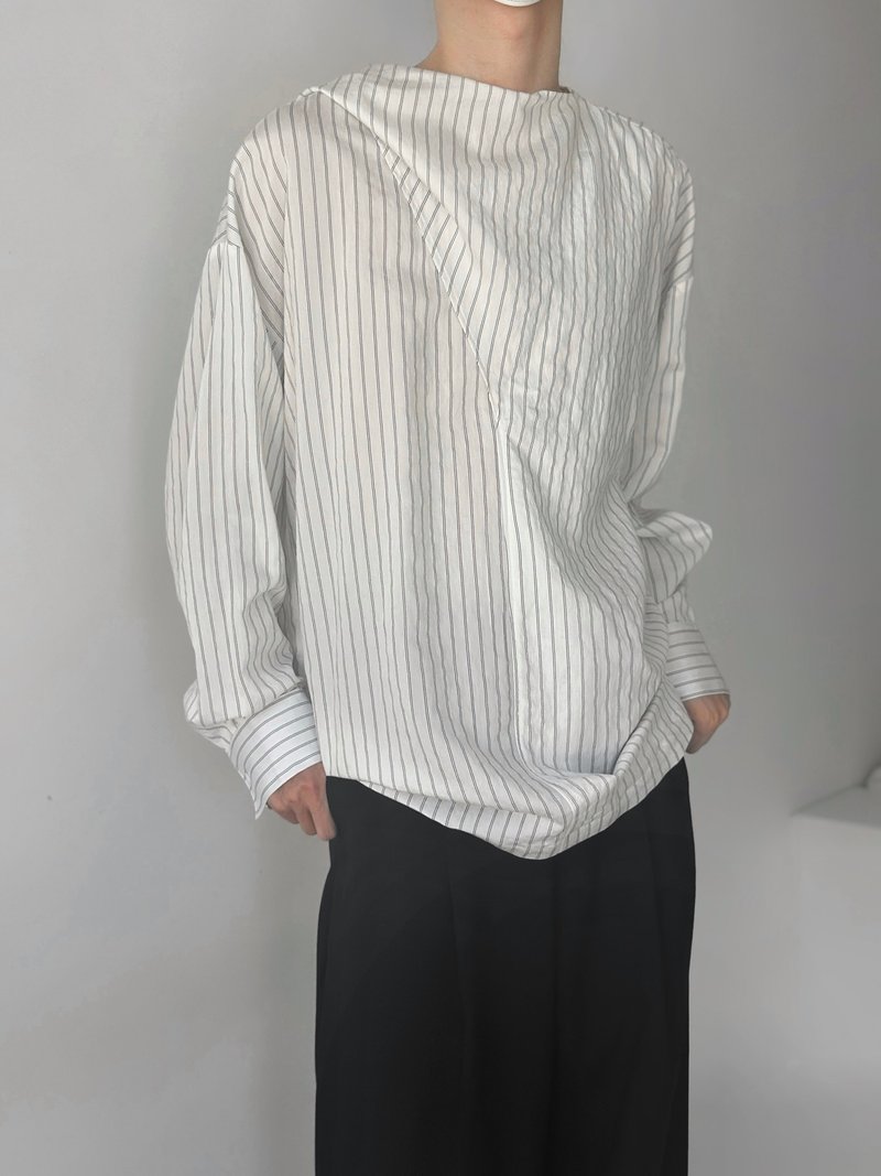 法式極簡 蕩領設計感飄帶襯衫 鬆弛感條紋長袖 - 男襯衫/休閒襯衫 - 其他材質 白色