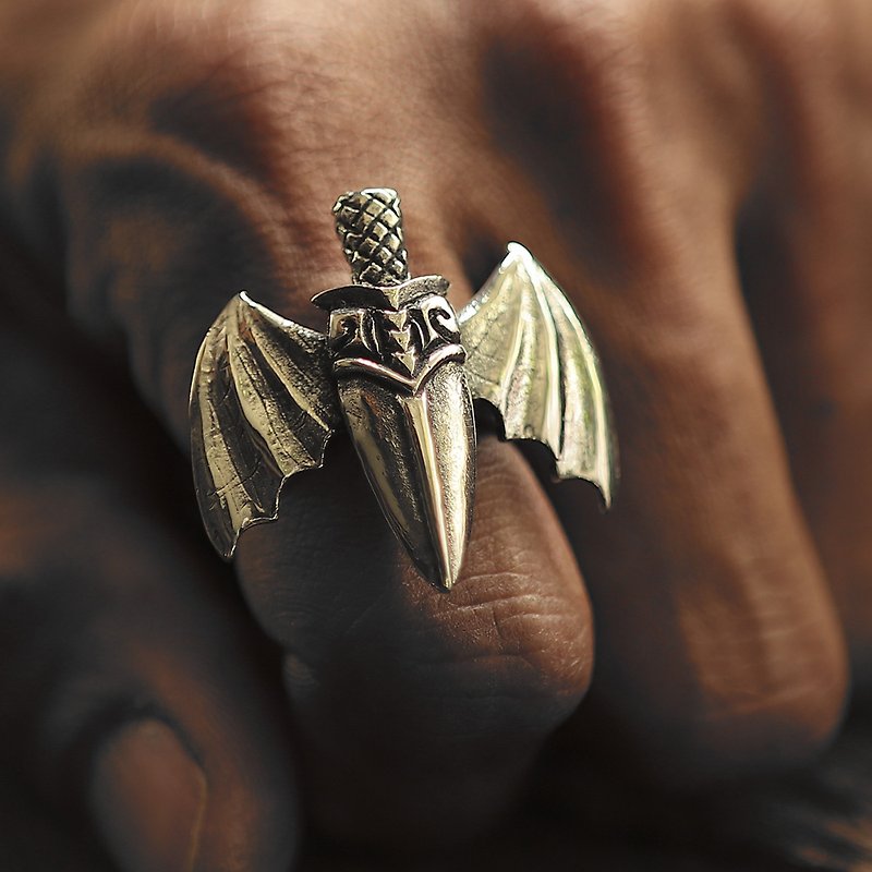 Medieval sword and Bat wing ring for men made of sterling silver 925 biker style