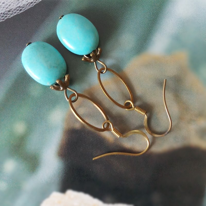 Turquoise turquoise blue Bronze earrings earring natural stone earring Bronze earring EAR-050 - ต่างหู - ทองแดงทองเหลือง สีน้ำเงิน