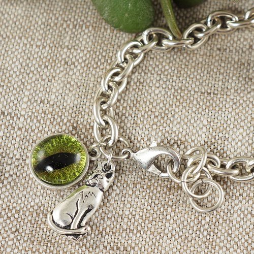 AGATIX Olive Green Glass Cat Eye Evil Eye Silver Cat Kitten Protection Bracelet Jewelry