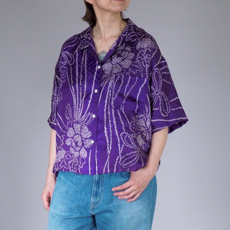 【日本製】日本復古和服翻版、按扣襯衫女、超大 ML、短上衣 - 女襯衫 - 絲．絹 紫色