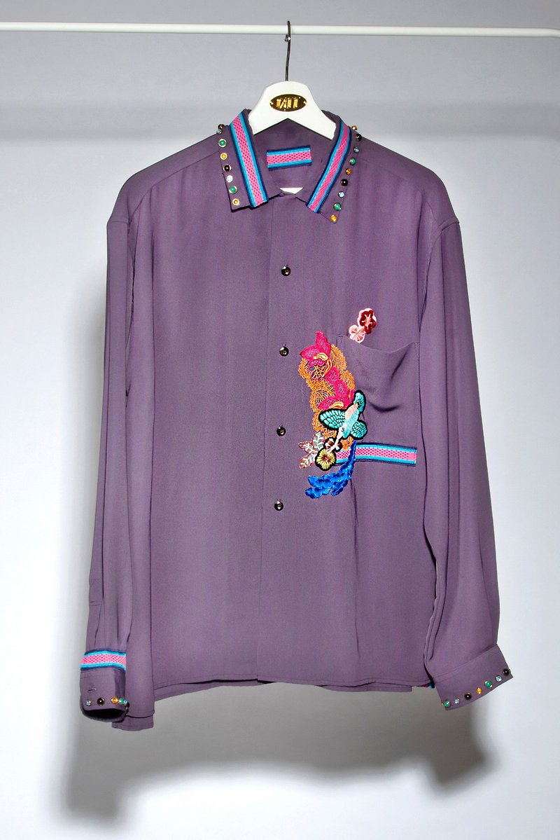 *Embroidered Shirt with Gemstone Beads Purple Embroidered Patch Shirt* - Men's Shirts - Other Materials Purple