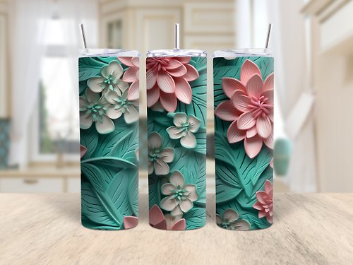 bohoasia 3D teal floral 20 oz Skinny Tumbler Sublimation Design, Instant Digital Download
